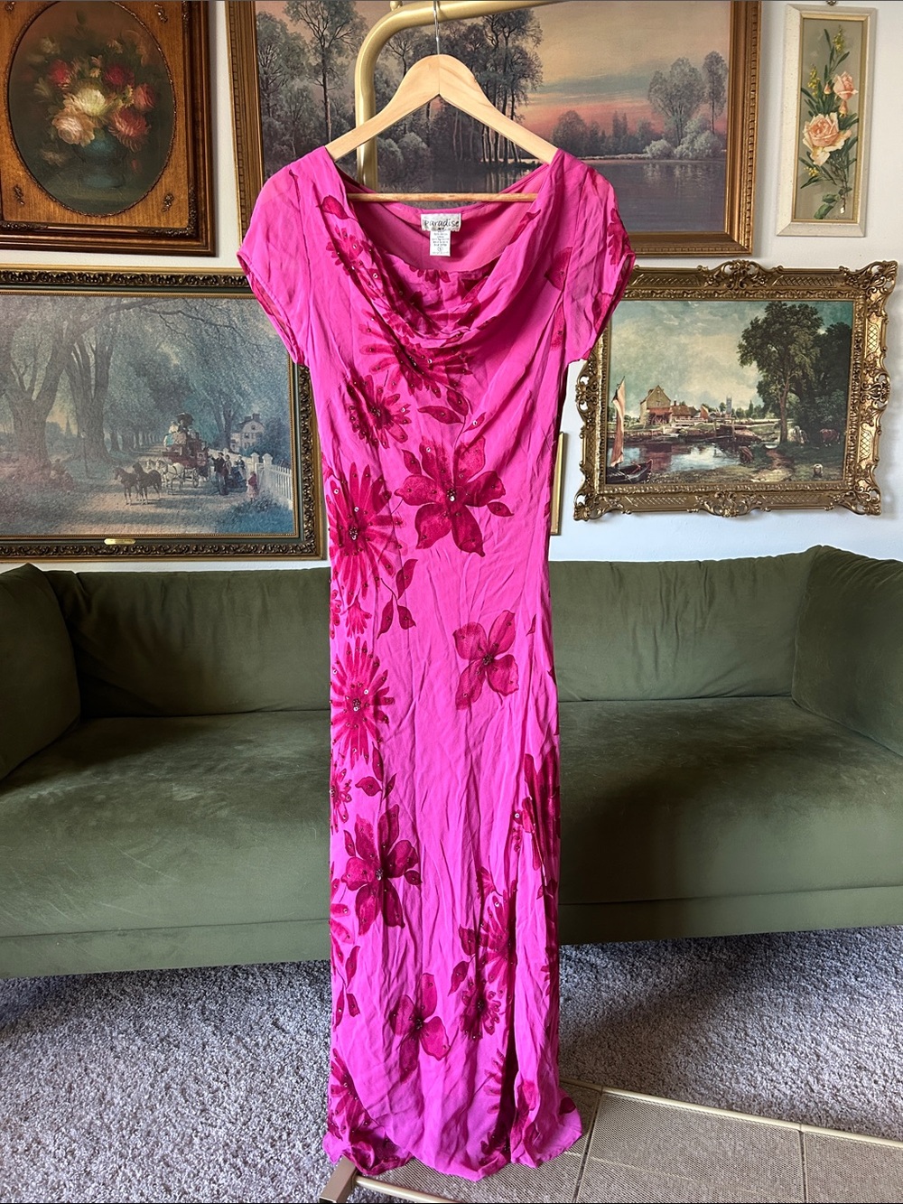Women's Vintage Paradise Bright Pink Floral Beaded Cowl-Neck Dress